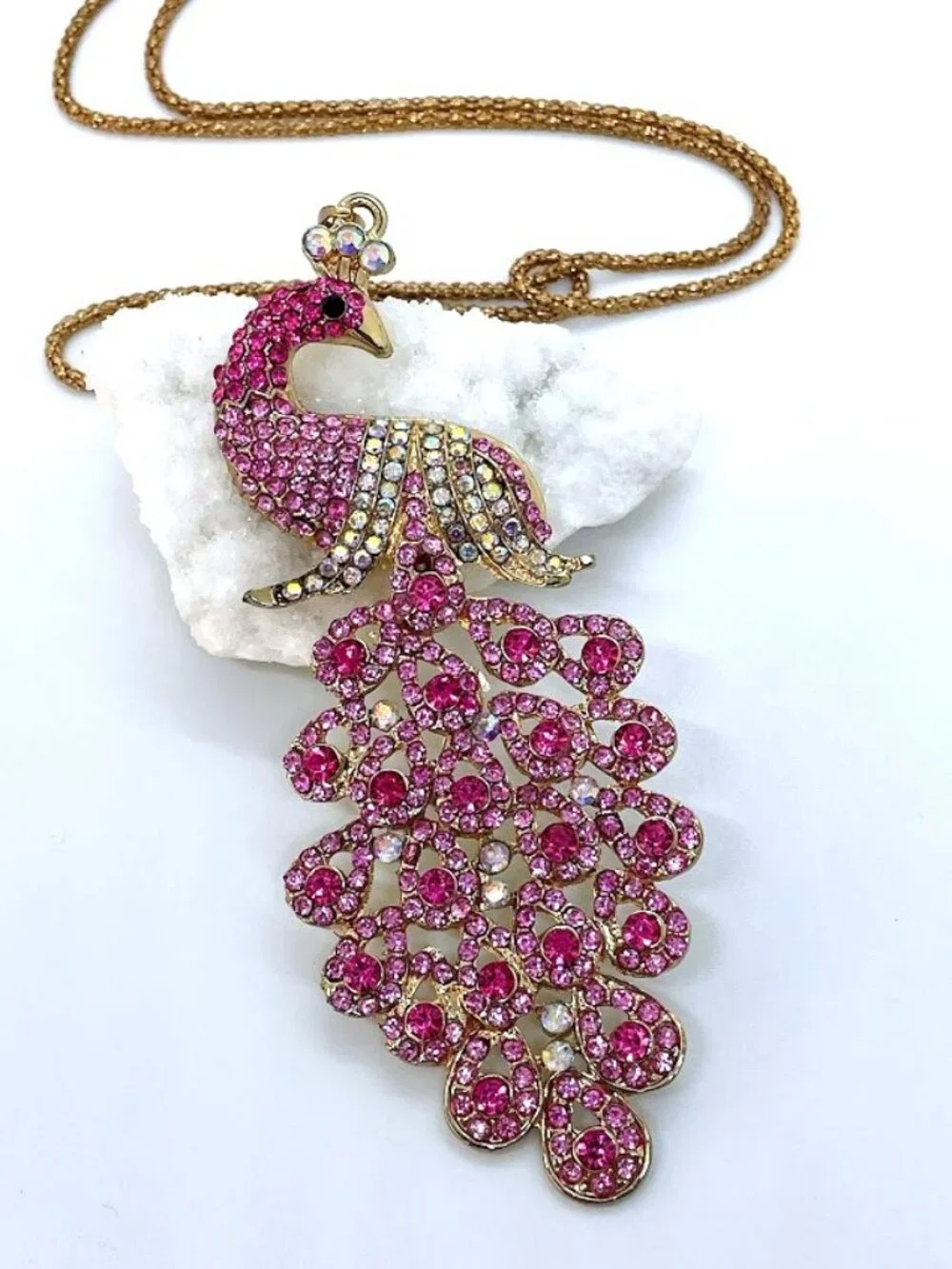 Betsey Johnson Large Pink & Gold-tone Peacock Long Necklace - Picture 1 of 5